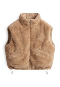 Beige-farbener Kunstpelz-Weste mit hohem Kragen, seitlichen Taschen und einem Reißverschluss. Sie verfügt über ein glattes Innenfutter und verstellbare Kordelzüge am Saum.