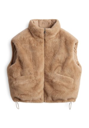 Gilet en fausse fourrure beige avec un col montant, des poches latérales et une fermeture éclair, bénéficiant d'une doublure intérieure lisse et de cordons de serrage réglables à l'ourlet.