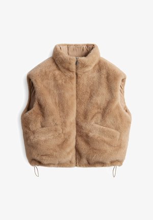 Beige-farbener Kunstpelz-Weste mit hohem Kragen, seitlichen Taschen und einem Reißverschluss. Sie verfügt über ein glattes Innenfutter und verstellbare Kordelzüge am Saum.