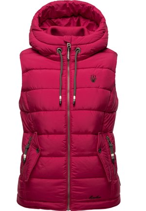 Rosa gesteppte Weste mit Kapuze, vorderem Reißverschluss und zwei Seiten- beziehungsweise Taschen. Mit Logo auf der Brust und Kordelzügen für die Kapuze.