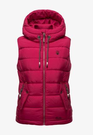 Ružičasti jastučići prsluk s kapuljačom, prednjim patentnim zatvaračem i dva bočna džepa. Ima logo na prsima i uže za regulaciju kapuljače.