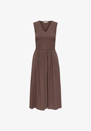Robe midi marron sans manches avec un col en V, un corsage smocké et une jupe froncée.