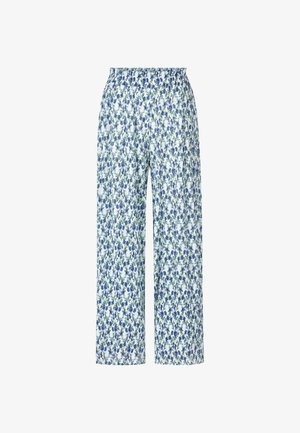 Bloemenprint broek met een blauw en groen patroon op een witte achtergrond, met een wijde pijp en een elastische tailleband.