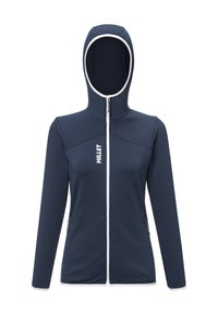 Granatowa bluza z kapturem na zamek błyskawiczny, z wysokim kołnierzem, kontrastowym białym zamkiem i logo. Posiada kieszenie boczne oraz dopasowany krój.