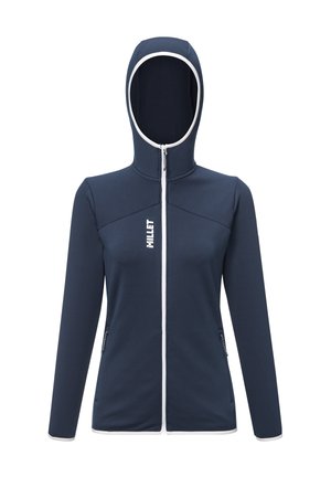 Marineblaues Zip-Hoodie mit hohem Kragen und Kapuze, einem kontrastierenden weißen Reißverschluss und Logo. Es verfügt über Seitentaschen und eine taillierte Passform.