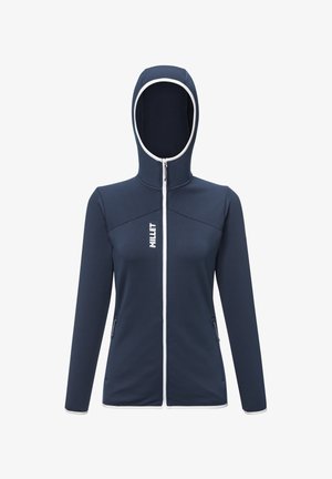 Granatowa bluza z kapturem na zamek błyskawiczny, z wysokim kołnierzem, kontrastowym białym zamkiem i logo. Posiada kieszenie boczne oraz dopasowany krój.