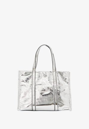 Silver metallic tote bag with two long handles, rectangular shape, smooth texture, and minimalist design featuring no visible patterns.