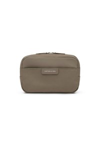 Rechteckige Kosmetiktasche aus taupefarbenem Stoff mit glatter Oberfläche, Reißverschluss und einem Markenetikett auf der Vorderseite.