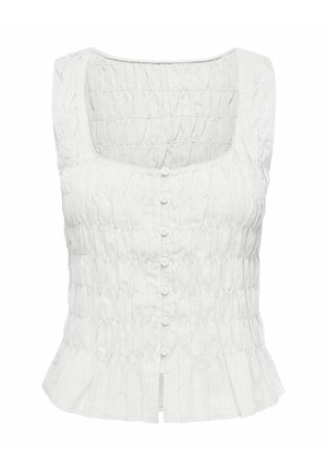 Blouse blanche sans manches froncée avec encolure carrée, boutons à l'avant et ourlet péplum.