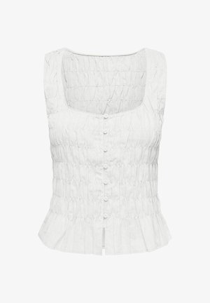Blouse blanche sans manches froncée avec encolure carrée, boutons à l'avant et ourlet péplum.