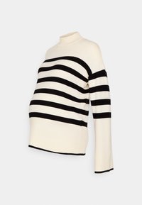 Maglione premaman a righe bianche e nere con collo alto e maniche lunghe, realizzato in un tessuto morbido e con una vestibilità comoda e rilassata.