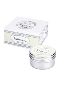 Deodorizing foot cream in a small silver tin with a white label. Packaging features a light-colored box with decorative accents.