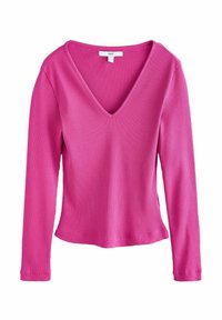 Langarm top met geribbelde stof in felroze met een V-hals. Heeft een aansluitend ontwerp en een zachte textuur. Label met de tekst "NEXT."