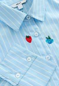 Light blue collared shirt with white stripes, featuring red strawberry and blue blueberry embroidery. Buttons are light blue with four holes.