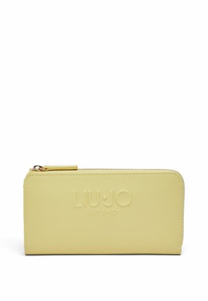 Portafoglio giallo con cerniera, superficie strutturata e logo LIU JO MILANO in rilievo centrato sul davanti.