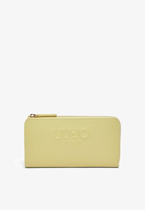 Portafoglio giallo con cerniera, superficie strutturata e logo LIU JO MILANO in rilievo centrato sul davanti.