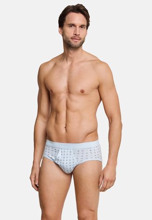 Vaaleansiniset puuvillaiset stringit, joissa on ruudullinen kuvio. Ne sisältävät pehmeän vyötärönauhan ja istuvan mallin. Sileä pinta, normaalikorkuinen leikkaus.