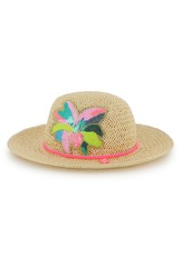 Chapeau de paille beige à large bord, orné d'un motif floral à sequins multicolores en rose, vert et bleu, agrémenté d'un ruban rose.