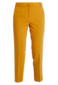 Żółte dopasowane spodnie o gładkiej teksturze, slim fit oraz subtelnym fałdzie z przodu. Posiada pętelki na pasek oraz kieszenie boczne.