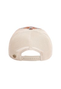 Beige mesh cap with a patterned fabric top. Features a back adjustable strap and a small logo accent on the side. Textured surface.