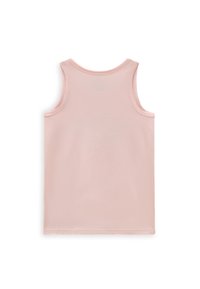 Top sin mangas de color rosa claro, hecho de algodón, con un escote redondo y una textura simple y suave sin patrones ni acentos adicionales.