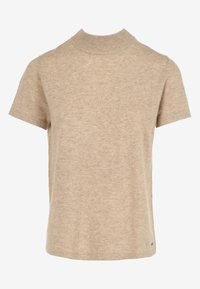 Beige short-sleeve t-shirt with a high, ribbed neckline. Made from soft fabric with a subtle texture, featuring a relaxed fit.