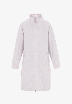 Geacă lungă, roz pal, realizată dintr-un material moale de fâș. Dispune de un guler înalt, fermoar pe toată lungimea frontală și două buzunare laterale.