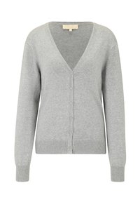 Šedý cardigan vyrobený z měkkého pleteného materiálu, s výstřihem do V, dlouhými rukávy a knoflíkovým zapínáním, s žebrovanými detaily na spodním okraji a manžetách.