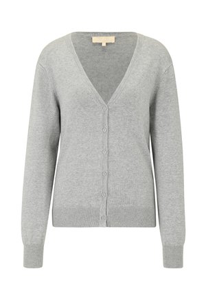 Szary kardigan wykonany z miękkiego przędzy, z dekoltem w serek, długimi rękawami i zapięciem na guziki, z prążkowanymi detalami na dolnej krawędzi i mankietach.