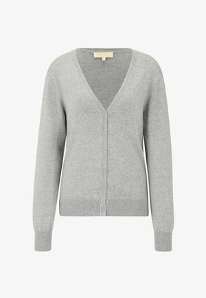 Šedý cardigan vyrobený z měkkého pleteného materiálu, s výstřihem do V, dlouhými rukávy a knoflíkovým zapínáním, s žebrovanými detaily na spodním okraji a manžetách.