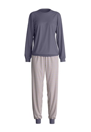 Top met lange mouwen en ronde hals in effen donkerpaars, met bijpassende pyjamabroek met een geruit dessin in lichtpaars en marineblauw.