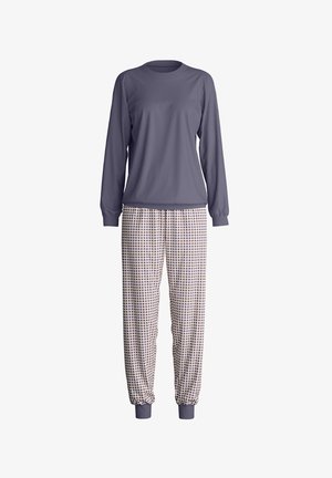 Top met lange mouwen en ronde hals in effen donkerpaars, met bijpassende pyjamabroek met een geruit dessin in lichtpaars en marineblauw.