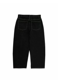 Czarne dżinsy o luźnym kroju, z wysokim stanem, dwoma tylnymi kieszeniami i kontrastującymi żółtymi ściegami.