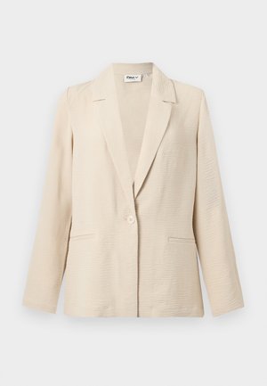 Γυναικείο σακάκι σε κρεμ χρώμα με υφή, μακρυά μανίκια, γιακάς με εγκοπή, κλείσιμο με ενιαίο κουμπί και δύο μπροστινές τσέπες.