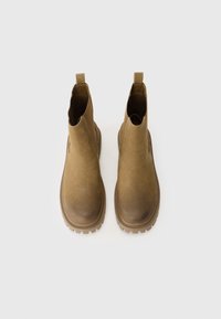 Botas de tobillo de ante marrón con un acabado suave, paneles laterales elásticos y una suela de goma texturizada, con tiradores para facilitar su uso.