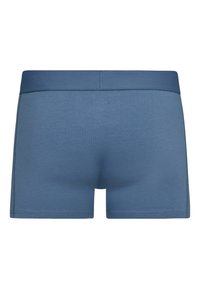 Modré boxerky vyrobené z měkké, elastické látky. Mají hladký pás a přiléhavý střih, který zdůrazňuje bezešvou konstrukci.