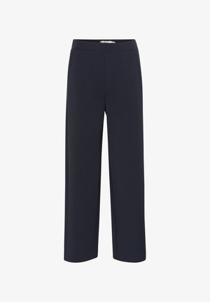 Marineblaue, weit geschnittene Hose aus weichem Stoff mit elastischem Bund und ohne sichtbare Taschen oder Verzierungen.