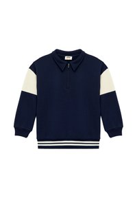 Granatowy polar z half zipem, białymi i kremowymi rękawami w blokach kolorowych, ściągacze przy mankietach i u dołu, wykonany z teksturowanej mieszanki bawełny.