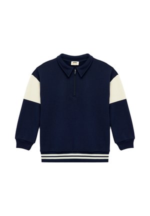 Marine pullover met halve rits, witte en crèmekleurige kleurblokken op de mouwen, ribgebreide manchetten en zoom, gemaakt van een gestructureerde katoenmix.
