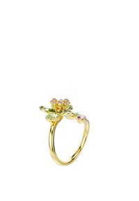 Gold ring featuring a floral design with green and pink gemstones, including five petal-like leaves and a cluster of colorful stones at the center.
