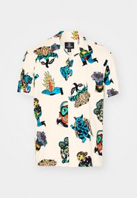Chemise à manches courtes en tissu crème avec des imprimés graphiques multicolores de la faune, de la flore et de motifs abstraits. Col classique.