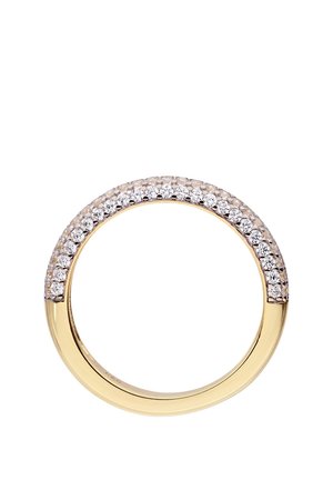 Goldener Ring mit zwei Reihen kleiner runder Diamanten, die entlang der oberen Hälfte des Rings auf weißem Hintergrund gefasst sind.