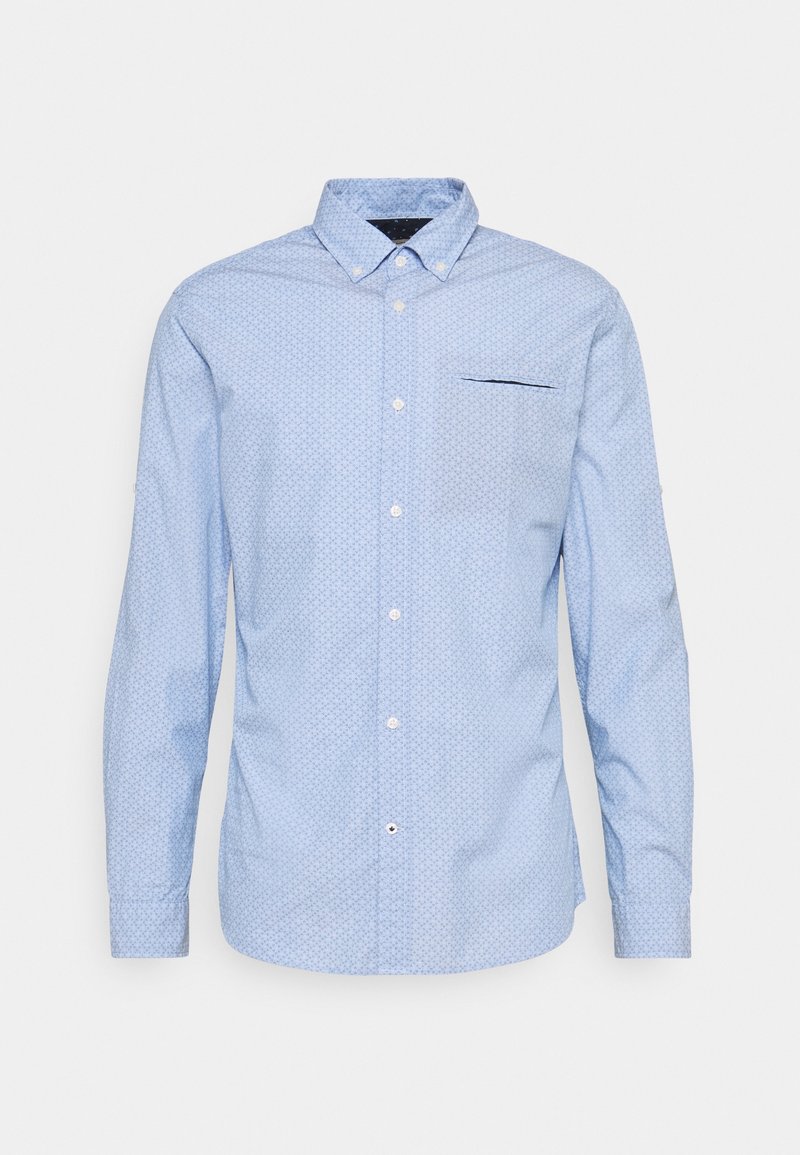 Camicia azzurro chiaro a maniche lunghe con piccolo motivo a diamante, colletto a bottoni, tasca sul lato sinistro, e bottoni bianchi, tessuto testurizzato.