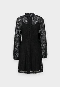 Μαύρο δαντελένιο φόρεμα με μακριά μανίκια, ψηλή λαιμόκοψη και κουμπωτό εμπρόσθιο μέρος. Διαθέτει floral μοτίβα και διαφανείς περιοχές. Φαρδύ στρίφωμα.