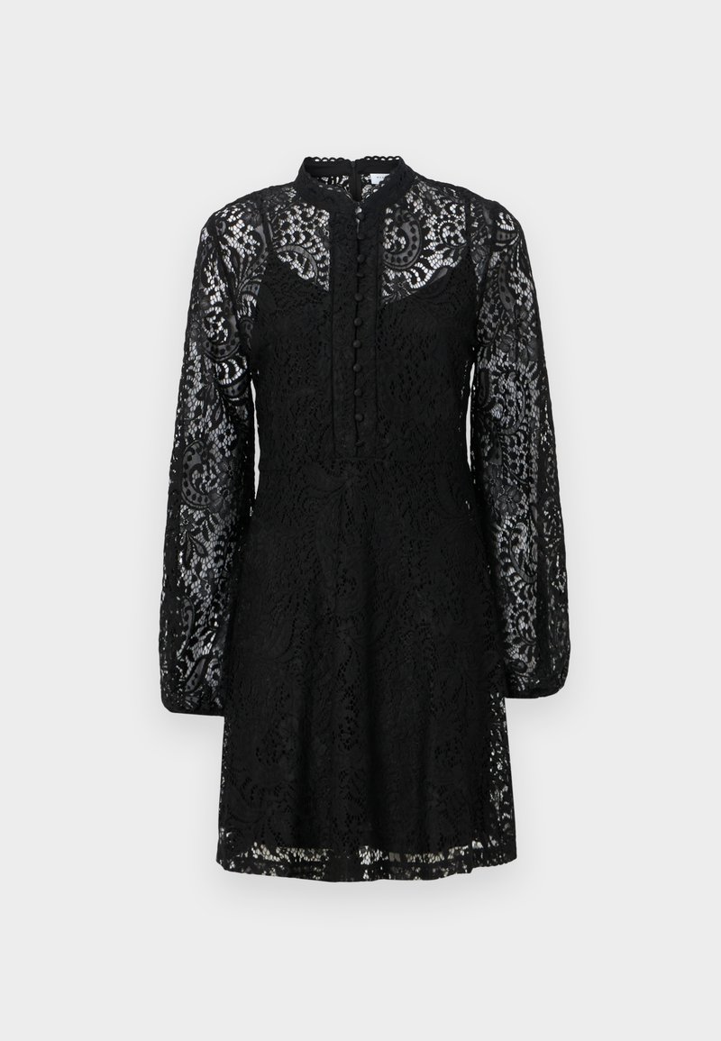 Schwarzes Spitzenkleid mit langen Ärmeln, hohem Kragen und knopflosem Vorderteil. Verfügt über Blumenmuster und transparente Bereiche. Ausgestellter Saum.