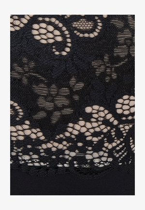 Zwarte kantstof met een bloem- en paisleypatroon, met doorzichtige en ondoorzichtige secties. Gegevenstextureerd met ingewikkelde details aan de randen.