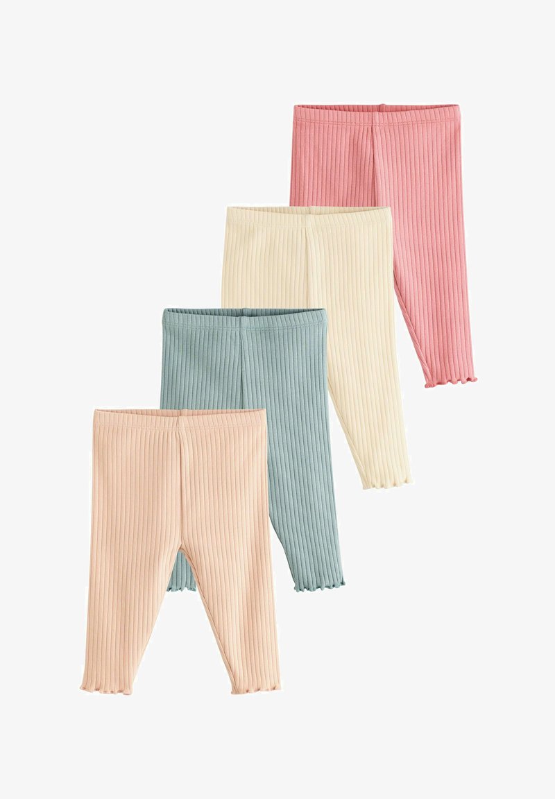 Quatre paires de leggings bébé côtelés en rose, crème, bleu et beige avec des ceintures élastiques souples et des détails d'ourlet à effet laitue.