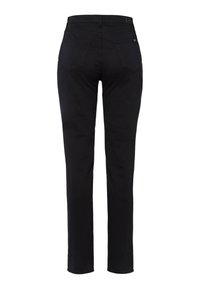Zwarte denim jeans met een recht model, vijf zakken en een klassieke tailleband. Heeft subtiele stikseldetails en een gladde structuur.