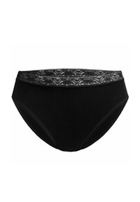 Black cotton high-waisted underwear with a lace-trimmed waistband and smooth texture, featuring a classic brief design and no patterns.