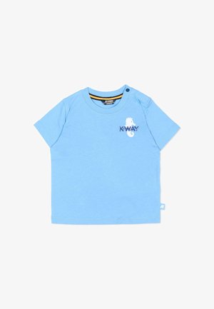 T-shirt bébé bleu clair à manches courtes avec logo hippocampe et texte « K-WAY », bouton pression à l'épaule gauche, taille 12 mois.